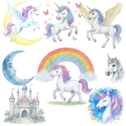 Unicorn Watercolor Clipart PNG | Magical Fantasy Creatures, Castle & Rainbow | Kids Party Decor | Fairy Tale Nursery Art