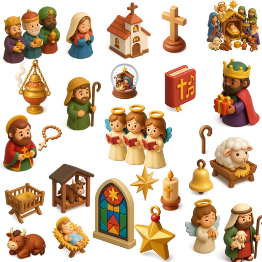 Christmas Nativity Clipart, Religious 3D PNG Bundle, Holy Family Angels Wise Men, Christian Christmas Decor (56 PNG)