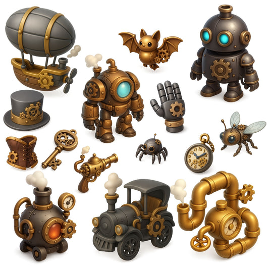 Steampunk Clipart PNG – Robots, Airships & Gears | Vintage Industrial 3D Steampunk Art (52 Files)