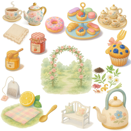 Watercolor Tea Party Clipart Set – Floral Brunch PNG Bundle, Vintage Garden Tea Clipart, Elegant Tea & Pastry Art, 55 PNG Files