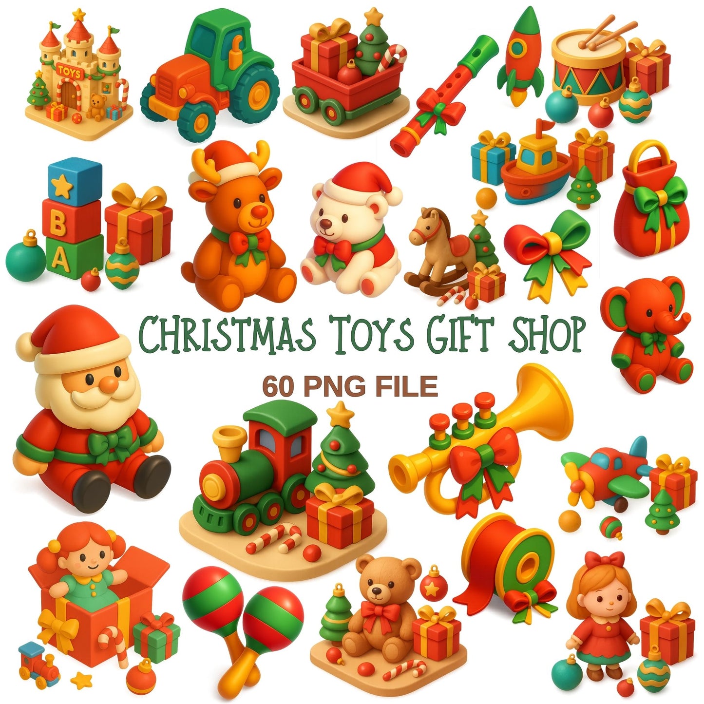 Christmas Toy Clipart Bundle – 3D Isometric Holiday PNG, Santa Toys, Gift Shop Clipart, Kids Christmas Graphics, 62 PNG Files