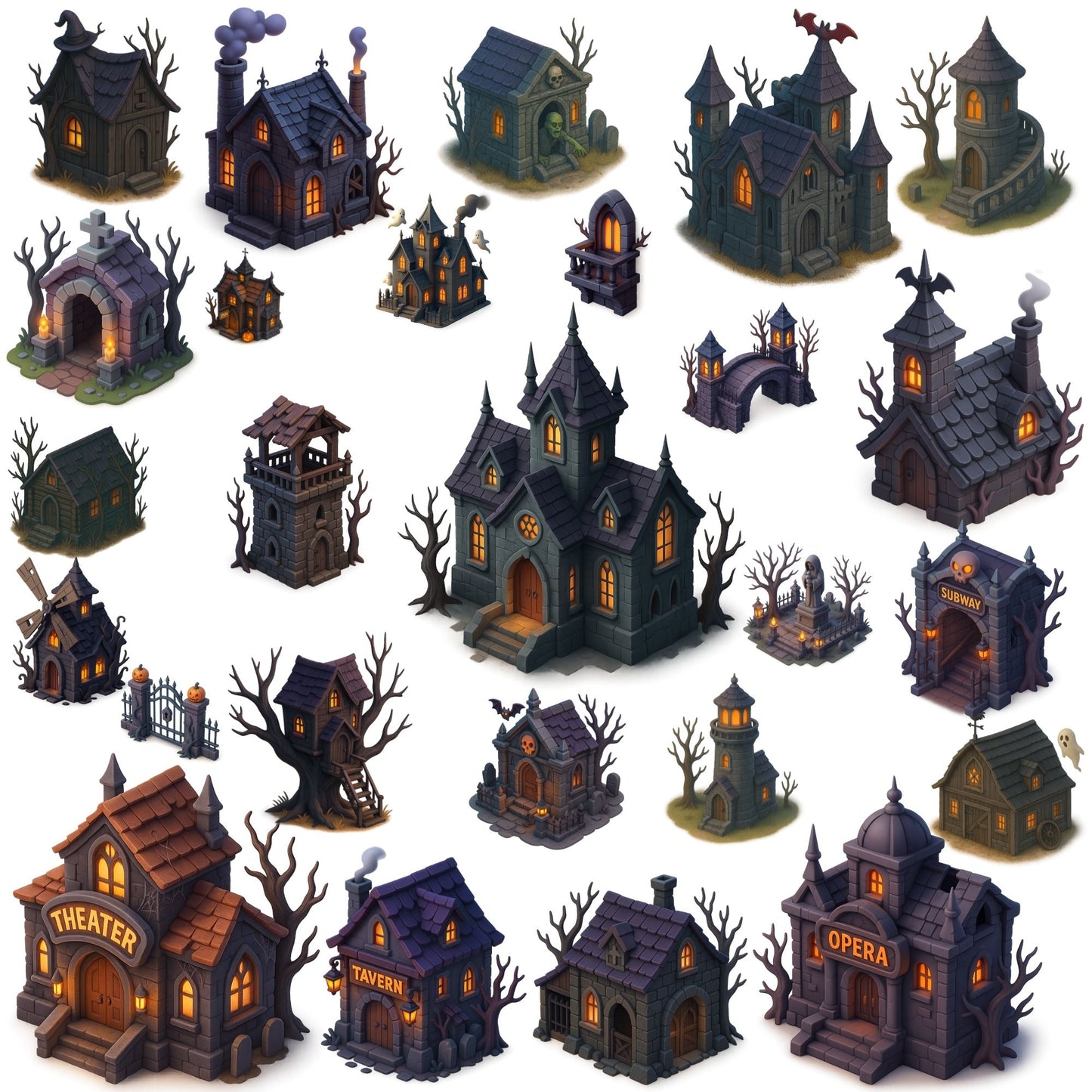 Halloween Haunted Houses Clipart, 3D Gothic Architecture PNG Bundle, Spooky Buildings Village Set (60 PNG)