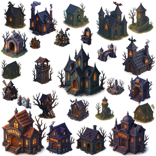 Halloween Haunted Houses Clipart, 3D Gothic Architecture PNG Bundle, Spooky Buildings Village Set (60 PNG)