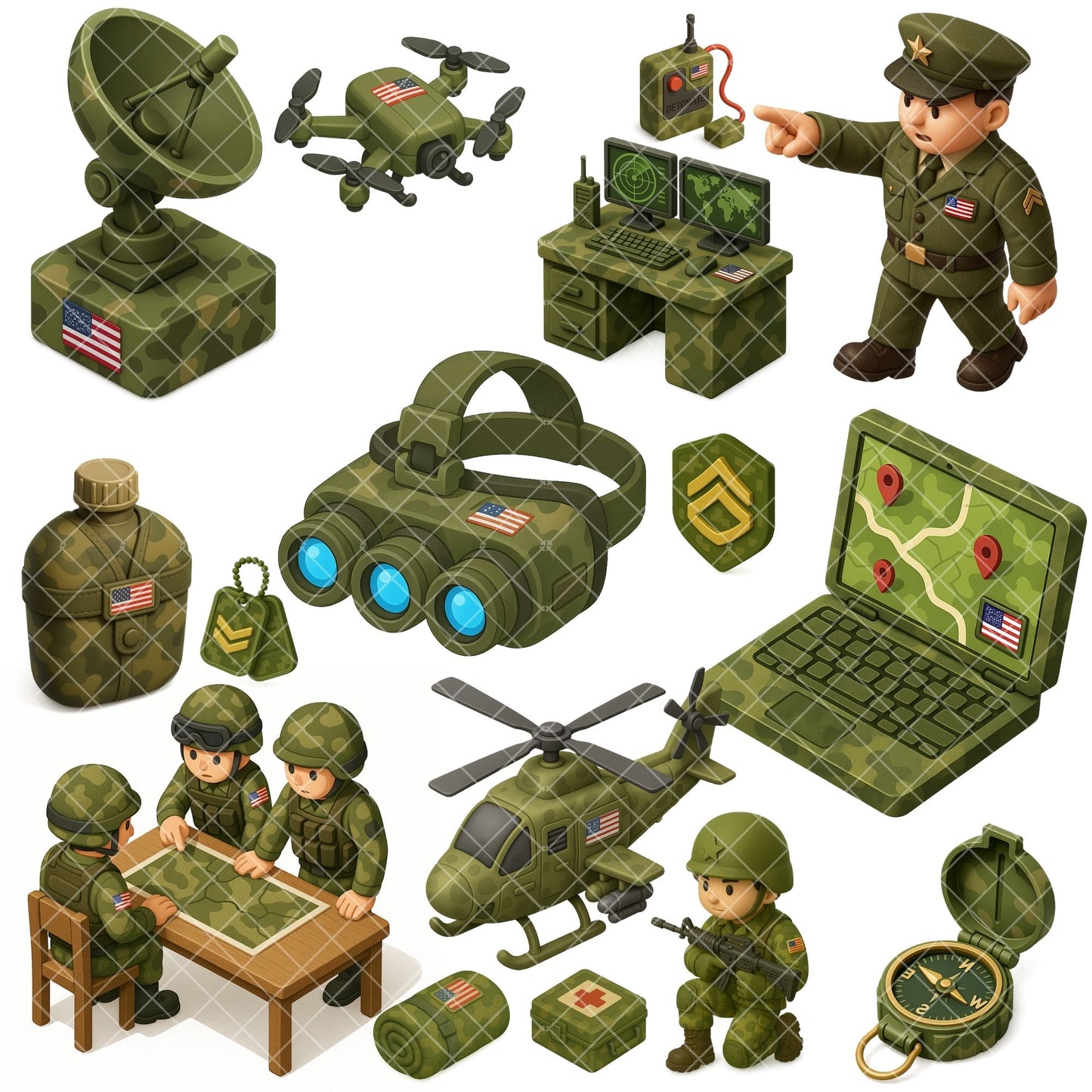 Military 3D Clipart PNG | Army Isometric Clipart | Camouflage Military Graphics | Army Game Assets | Commercial Use