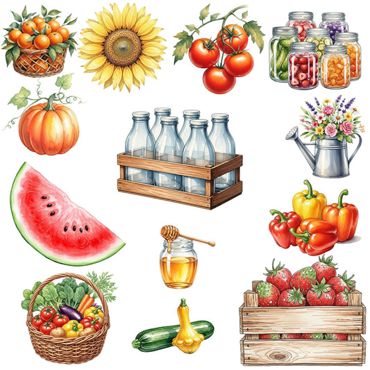 Farmers Market Watercolor Clipart, Country Garden PNG, Vegetables Fruit Flowers Farmhouse Decor Set (57 PNG)