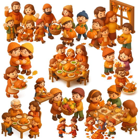 Thanksgiving Family Clipart | 3D Autumn Dinner PNG | Fall Family Activities | Cute Thanksgiving PNG | 55 Files Digital Download