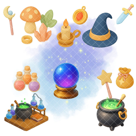Magic Fantasy Props PNG – Witchy Clipart Set, Spell Books, Potions, Crystals & Wizard Graphics (60 Files)