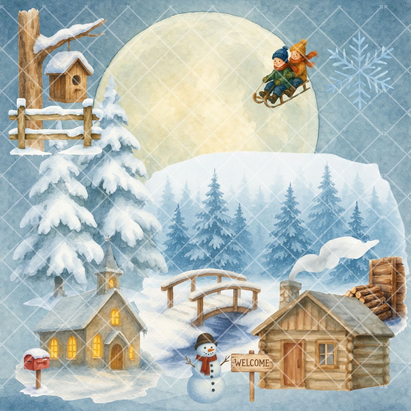 Winter Village Watercolor Clipart – Cozy Cabin Snow PNG Bundle, Rustic Christmas Winter Scenes (53 Files)