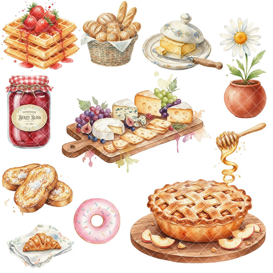 Cottagecore Breakfast Clipart PNG | Watercolor Food Illustrations | Rustic Kitchen Art | Breakfast PNG Bundle | Commercial Use