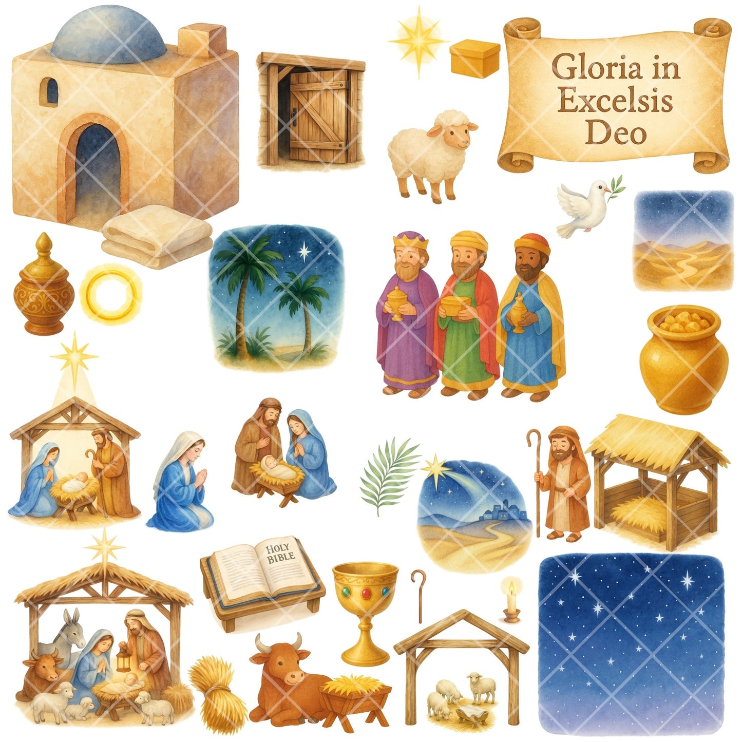 Watercolor Nativity Clipart, Christian Christmas PNG Set, Holy Family Wise Men Angels, Religious Art (55 PNG)