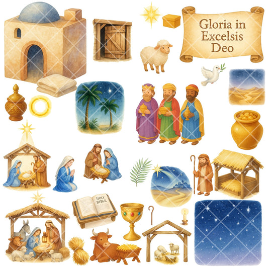 Watercolor Nativity Clipart, Christian Christmas PNG Set, Holy Family Wise Men Angels, Religious Art (55 PNG)