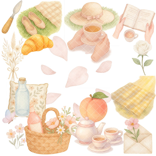 Picnic Watercolor Clipart PNG | Cottagecore Summer Picnic Aesthetic | Soft Vintage Picnic Art | Scrapbooking & Planner PNG | Commercial Use