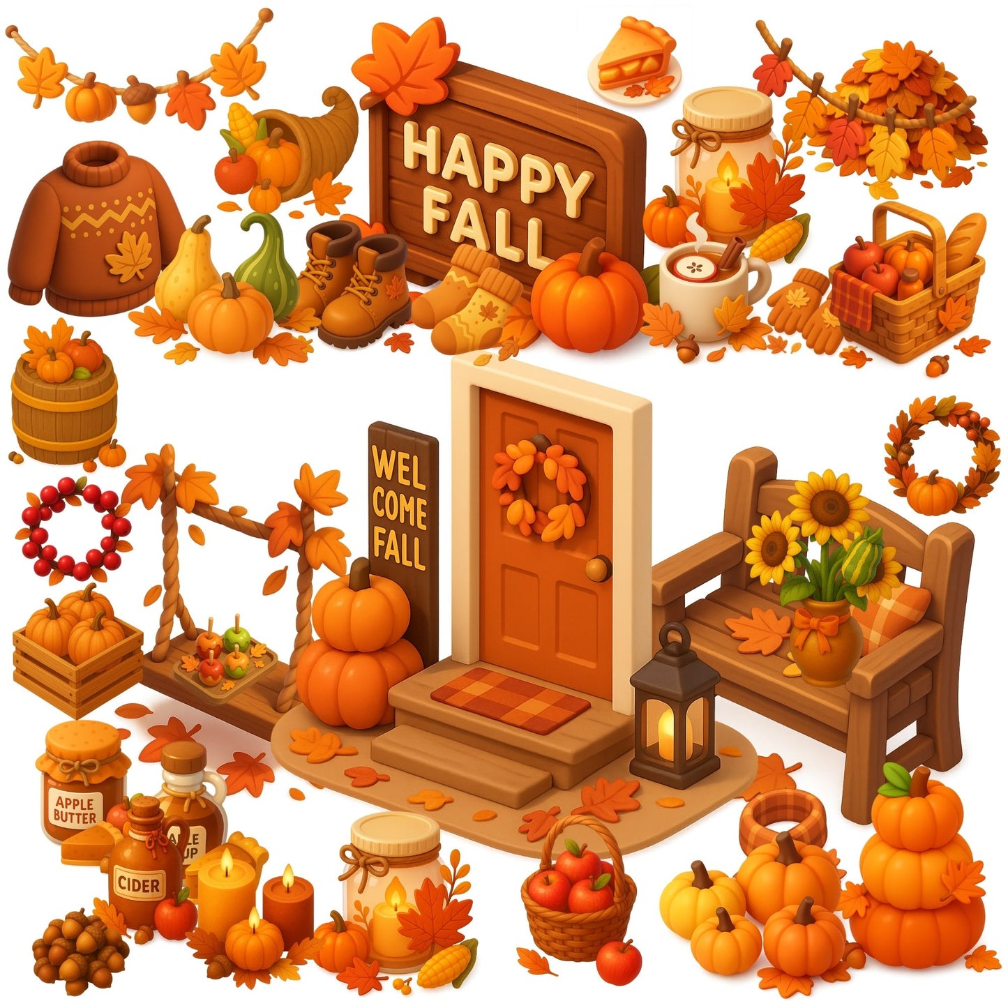Autumn Decor Clipart | Harvest Fall PNG | Pumpkins Porch Decor | 3D Cozy Autumn Clipart | 54 PNG Digital Download