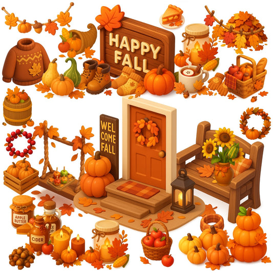 Autumn Decor Clipart | Harvest Fall PNG | Pumpkins Porch Decor | 3D Cozy Autumn Clipart | 54 PNG Digital Download