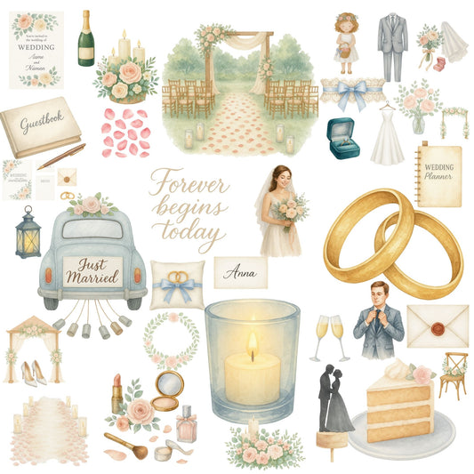 Wedding Watercolor Clipart – Romantic Bride & Groom PNG, Floral Wedding Decor, Invitations, Cakes & Elegant Wedding Art (50 PNG)