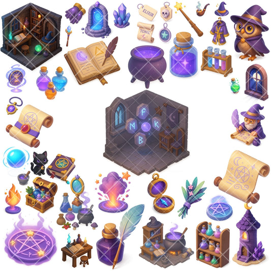 Wizard’s Workshop Clipart, Magic Potions & Spell Books PNG, Fantasy Alchemy Room, Witchcraft Art Set (65 PNG)