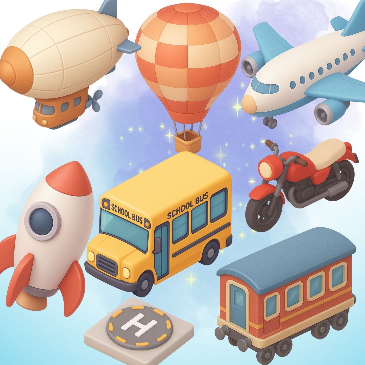Transportation PNG Clipart – 3D Vehicle Graphics for Kids, Cars, Planes, Trains & Travel Art (50 Files)