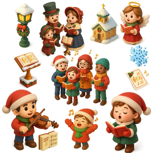 Christmas Carolers Clipart, 3D Isometric Holiday PNG Set, Festive Music Choir, Angels & Winter Decor, 60 PNG Files