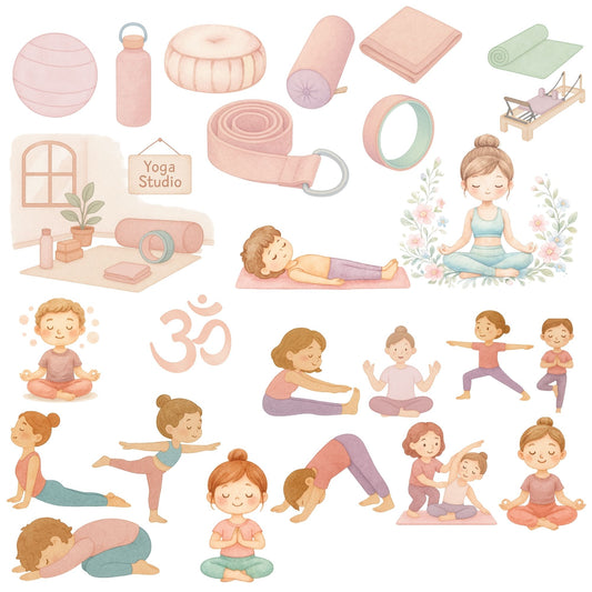 Yoga Pilates Watercolor Clipart PNG – Wellness, Mindfulness & Exercise Illustrations (50 PNG)