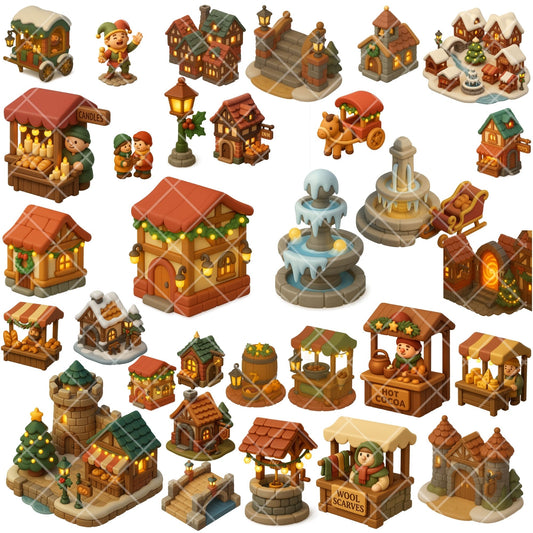 Medieval Christmas Clipart PNG | Fantasy Winter Village Town | Holiday Market 3D Art | Cozy Medieval Christmas PNG | Commercial Use