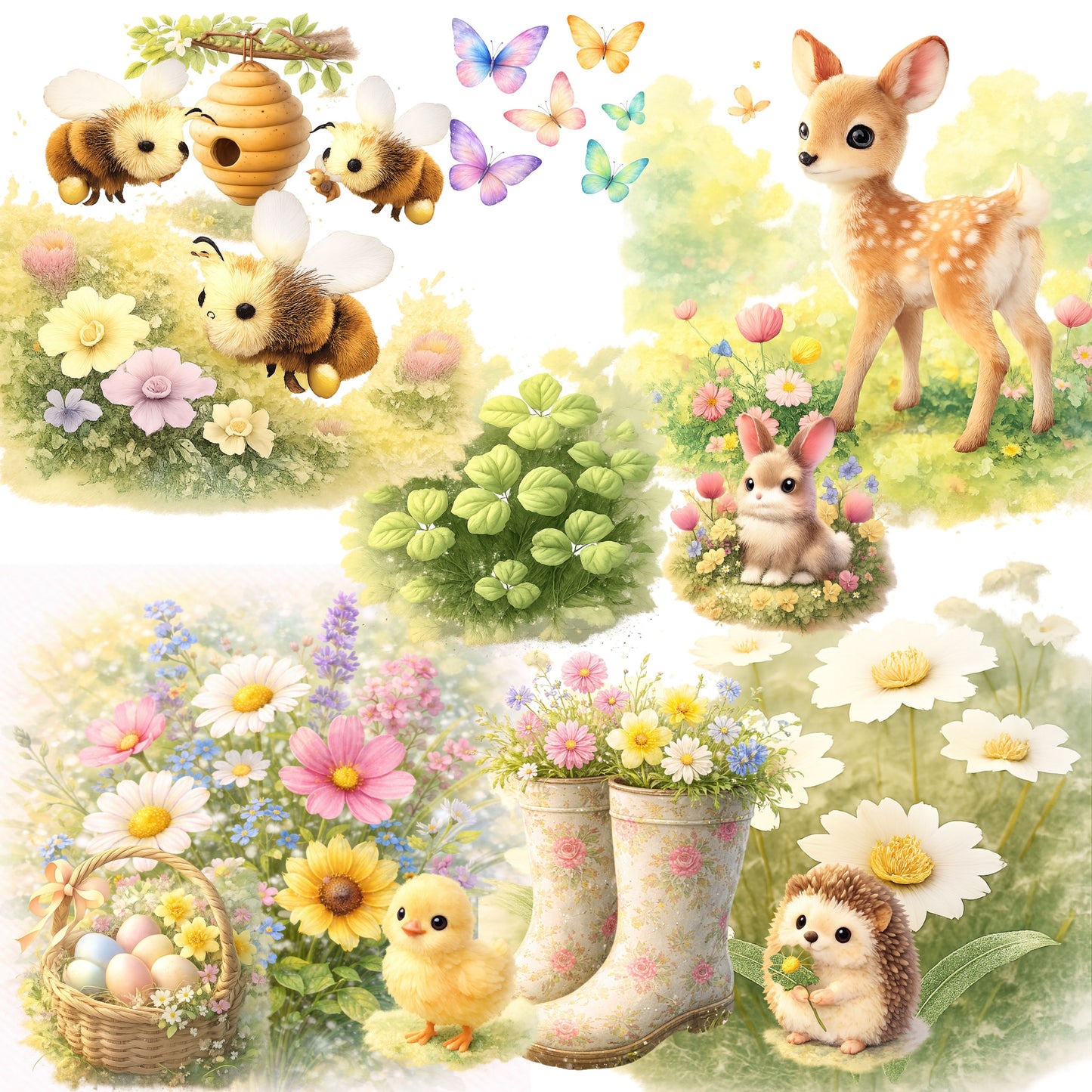 Spring Meadow Animals Watercolor Clipart Bundle – Cute Woodland Baby Animals PNG, Easter & Nursery Art, Floral Nature Graphics, 50 PNG