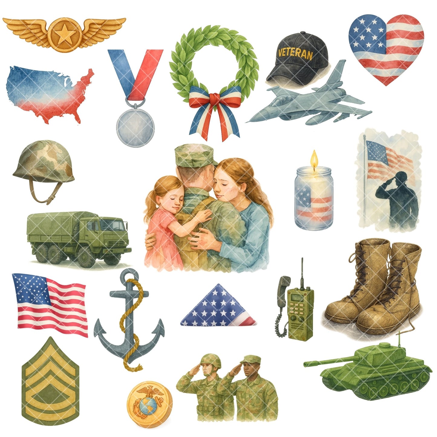 Military Patriotic Clipart Bundle – Watercolor Veteran PNGs, Army & 4th of July Patriotic Art (55 Files)