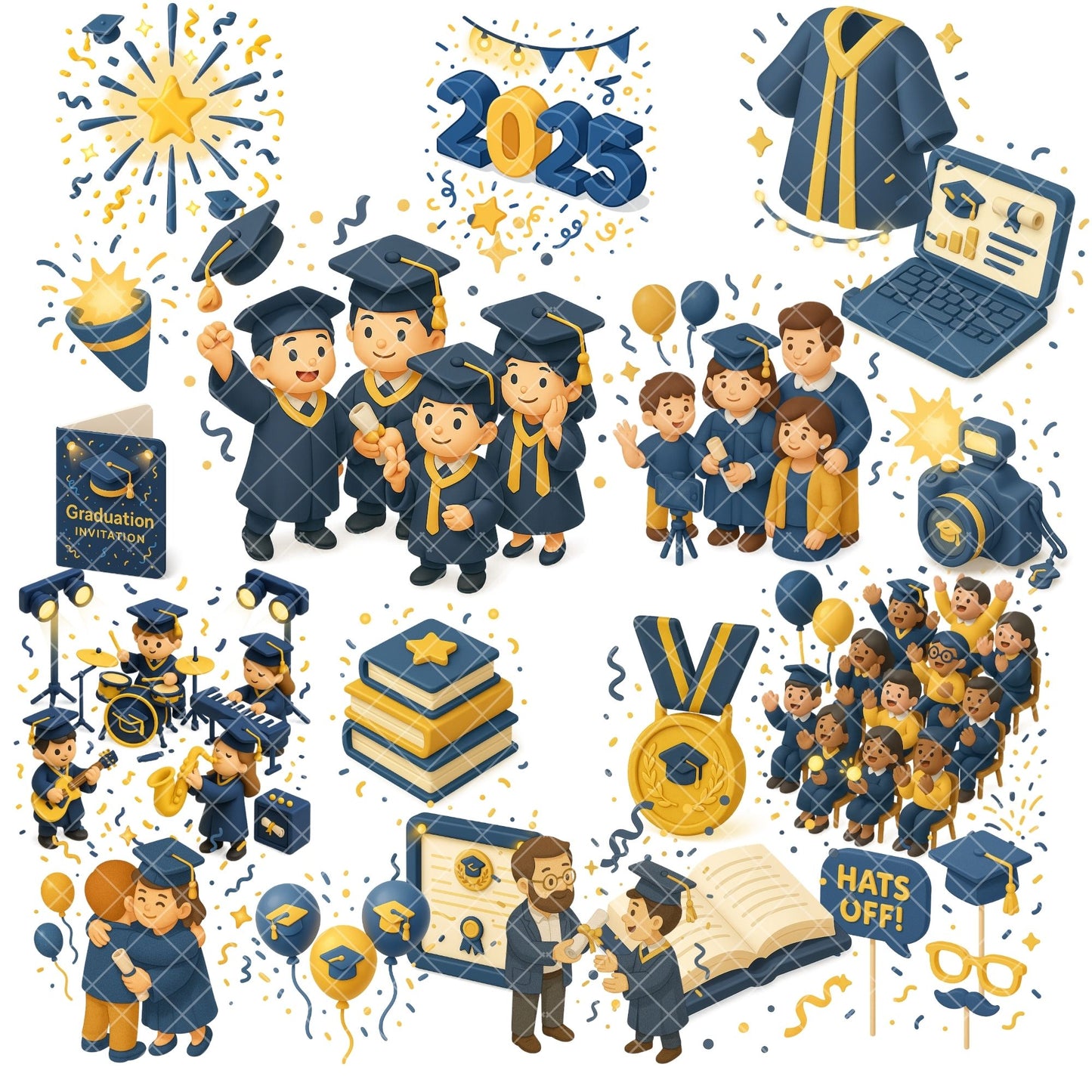 Graduation 3D Clipart Bundle – Class of 2025 PNGs, Isometric Graduation Party Graphics (53 Files)