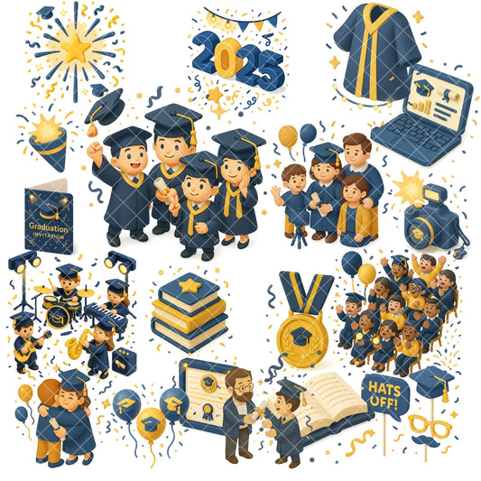 Graduation 3D Clipart Bundle – Class of 2025 PNGs, Isometric Graduation Party Graphics (53 Files)