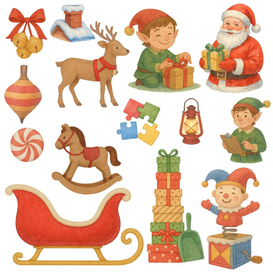 Santa’s Workshop PNG, Watercolor Christmas Elves Clipart, Santa & Toys, Holiday PNG Set for Cards, Crafts & Stickers (66)
