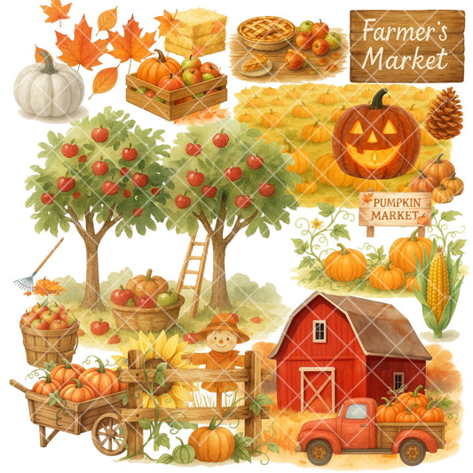 Watercolor Autumn Harvest PNG Bundle – Fall Farm Clipart, Rustic Pumpkin & Thanksgiving Art (56 Files)