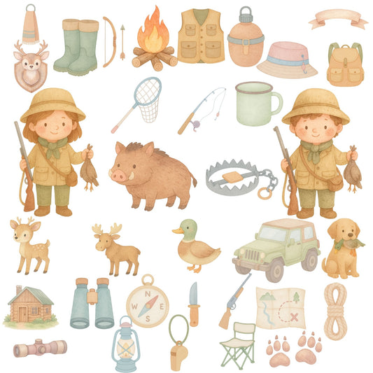 Hunting Watercolor Clipart PNG – Outdoor Adventure, Camping Gear & Forest Animals (50 PNG)