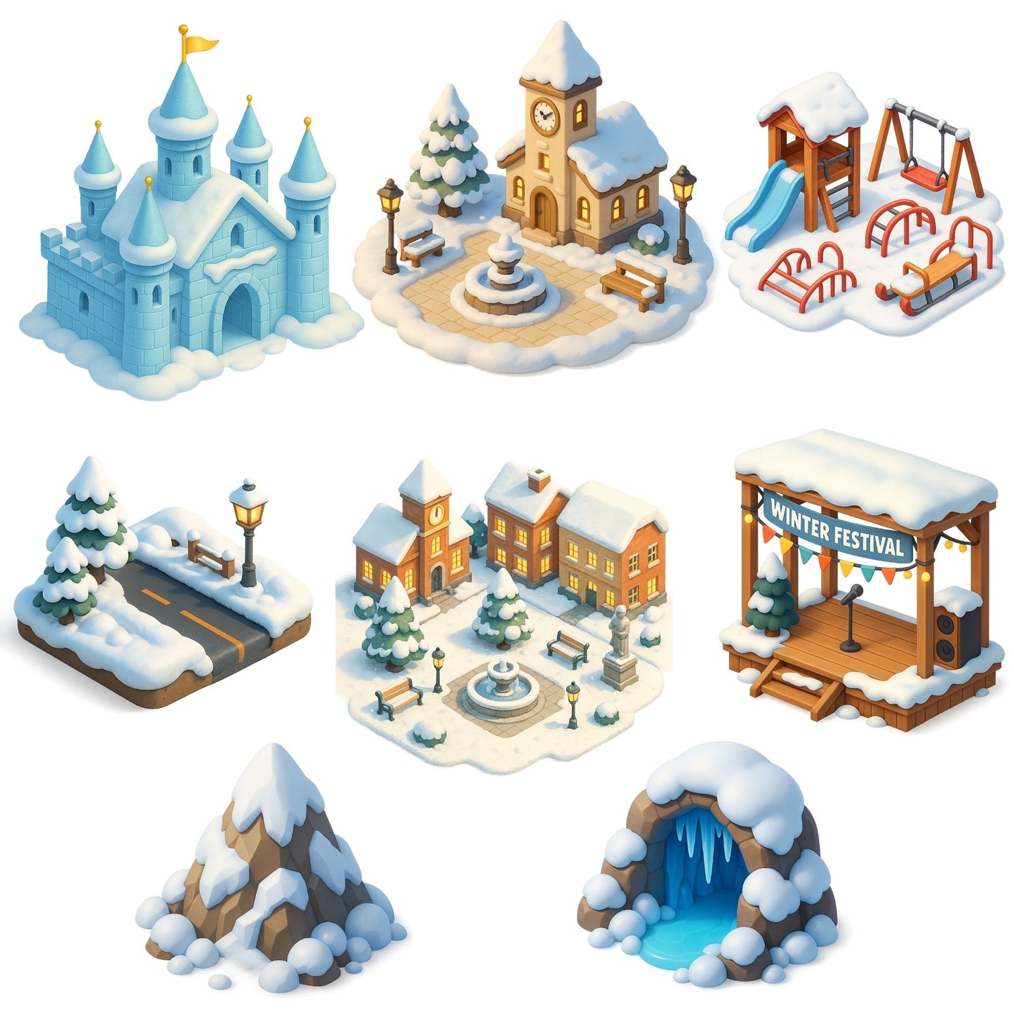 Winter Village Clipart PNG – Snowy Town, Castle & Park | Winter Wonderland 3D Landscape Art (60 Files)
