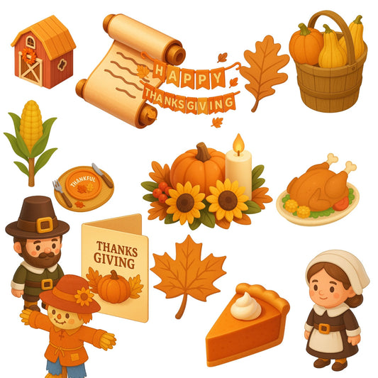 Thanksgiving Clipart 3D – Harvest Symbols PNG Bundle, Fall Autumn Icons, Turkey, Pumpkins & Pilgrims Decor (50 PNG)