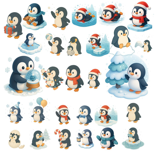 Penguin Winter Clipart PNG – Cute 3D Penguins, Christmas & Snow Scenes, Kids Holiday Graphics (50 PNG)