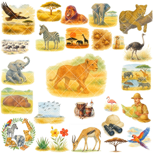 Watercolor Safari Animals Clipart PNG | African Savanna Jungle Animals | Nursery & Classroom Decor | Wildlife PNG Set | Commercial Use