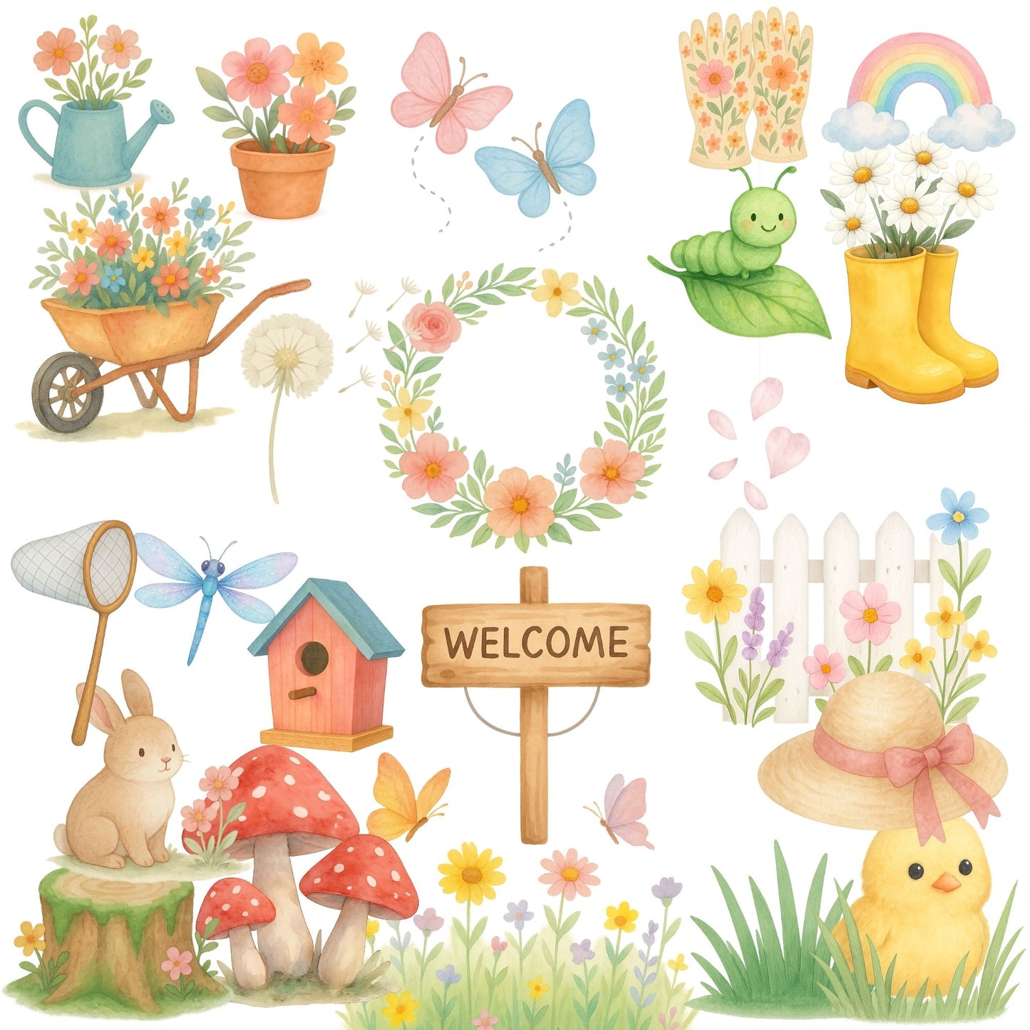 Spring Garden Clipart Watercolor – Wildflowers & Butterflies PNG | Floral Garden, Spring Flowers, Nature Clipart (56 Files)