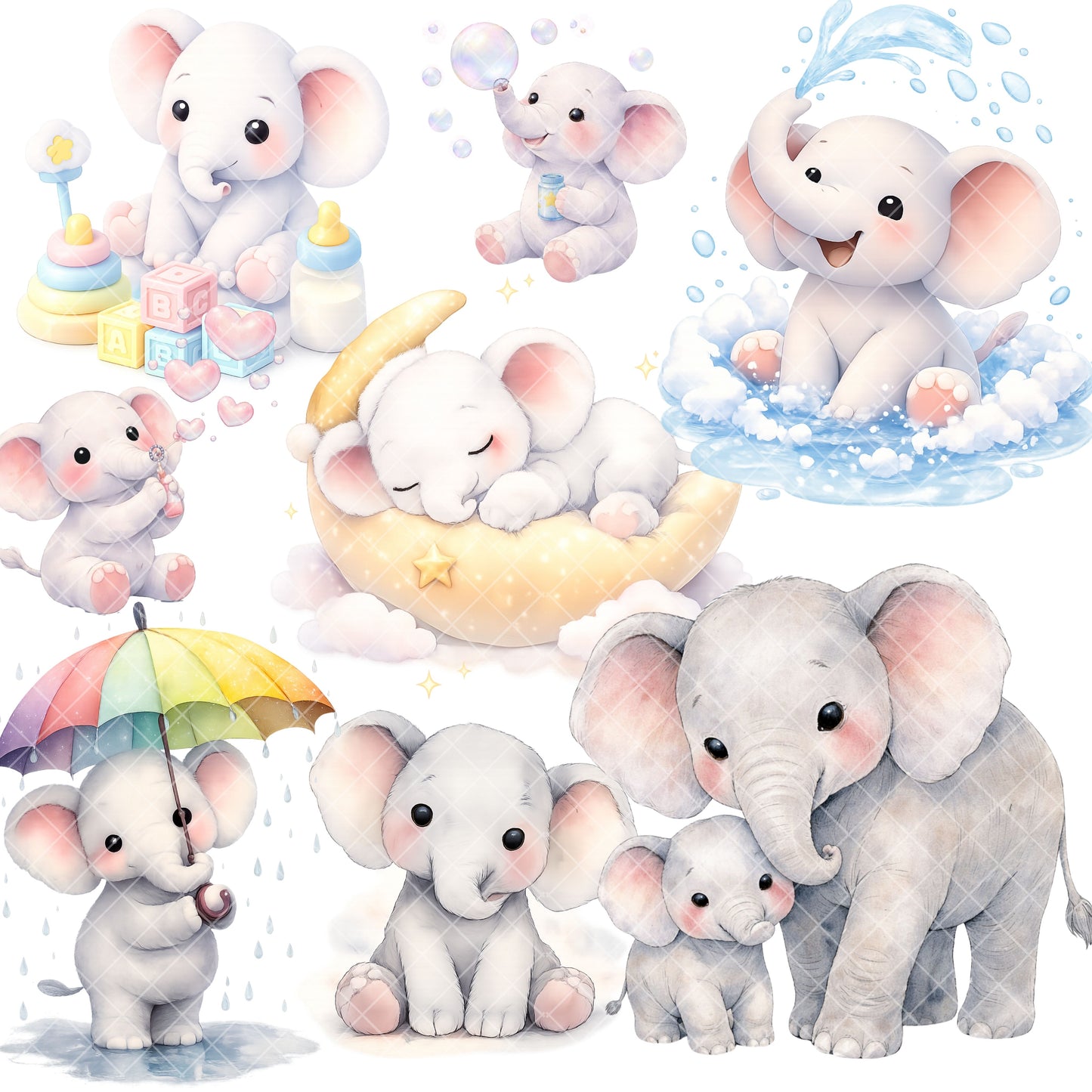 Elephant Family Watercolor Clipart PNG | Baby Elephant Nursery Animals | Jungle Safari Kids Art | Baby Shower Graphics | Commercial Use