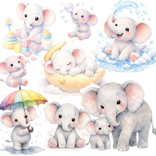 Elephant Family Watercolor Clipart PNG | Baby Elephant Nursery Animals | Jungle Safari Kids Art | Baby Shower Graphics | Commercial Use