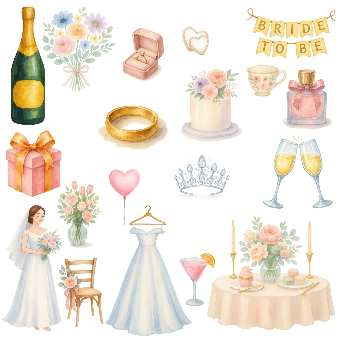 Bridal Shower Clipart Watercolor – Floral Champagne & Wedding Dress PNG | Romantic Wedding Party Art (55 Files)