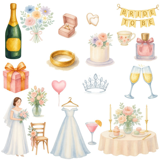 Bridal Shower Clipart Watercolor – Floral Champagne & Wedding Dress PNG | Romantic Wedding Party Art (55 Files)