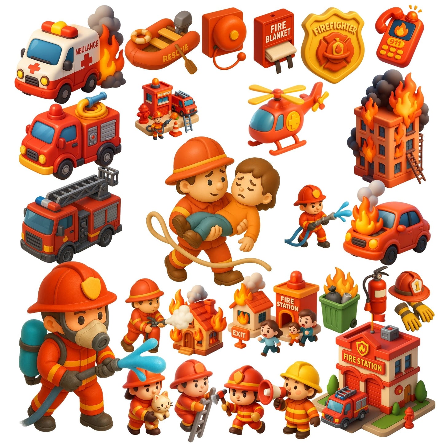 Fire Station Clipart – Firefighter & Emergency Response PNG Set, Rescue Trucks & Safety Graphics (63 Files)