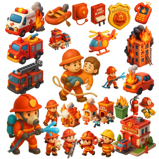 Fire Station Clipart – Firefighter & Emergency Response PNG Set, Rescue Trucks & Safety Graphics (63 Files)