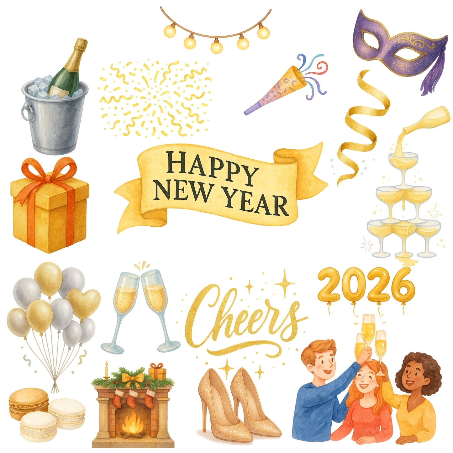 New Year Clipart 2026 – Champagne, Balloons & Party Watercolor PNG | Holiday Celebration Decor (57 Files)