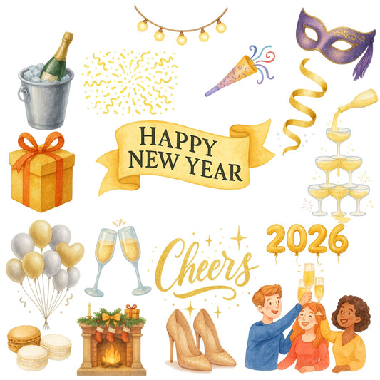 New Year Clipart 2026 – Champagne, Balloons & Party Watercolor PNG | Holiday Celebration Decor (57 Files)