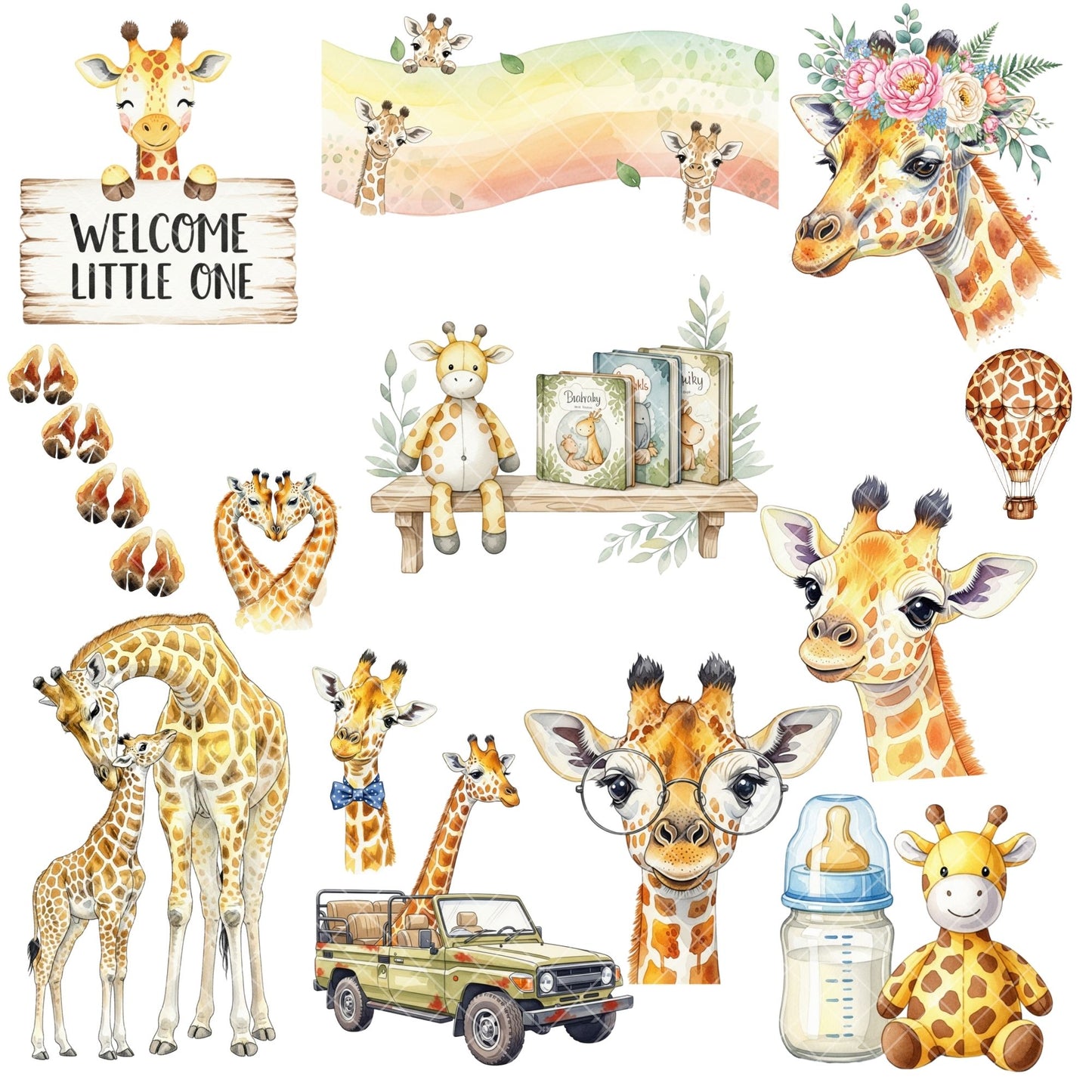 Giraffe Watercolor Clipart PNG | Safari Animal Clipart | Baby Giraffe Nursery Art | Safari PNG Set | Commercial Use