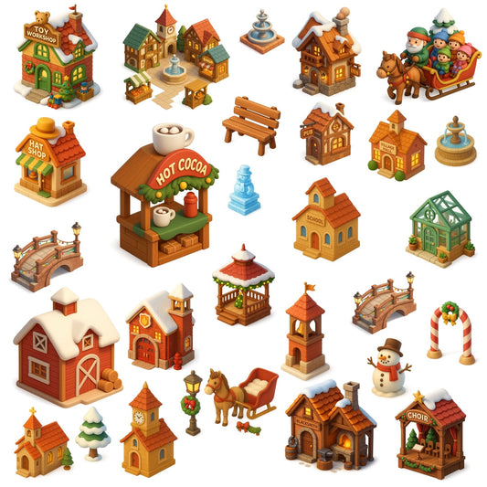 Christmas Village Clipart, 3D Holiday Town PNG Bundle, Winter Houses Shops Lampposts, Festive Decor Set (54 PNG)