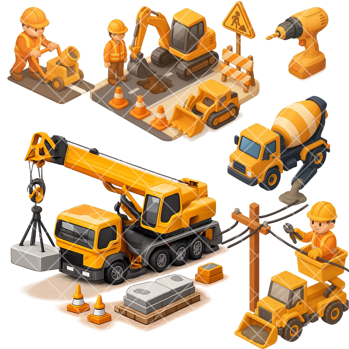 Construction Site 3D Isometric Clipart PNG | Heavy Machinery & Builder Tools | Kids Construction Graphics | Educational Clipart | Commercial Use