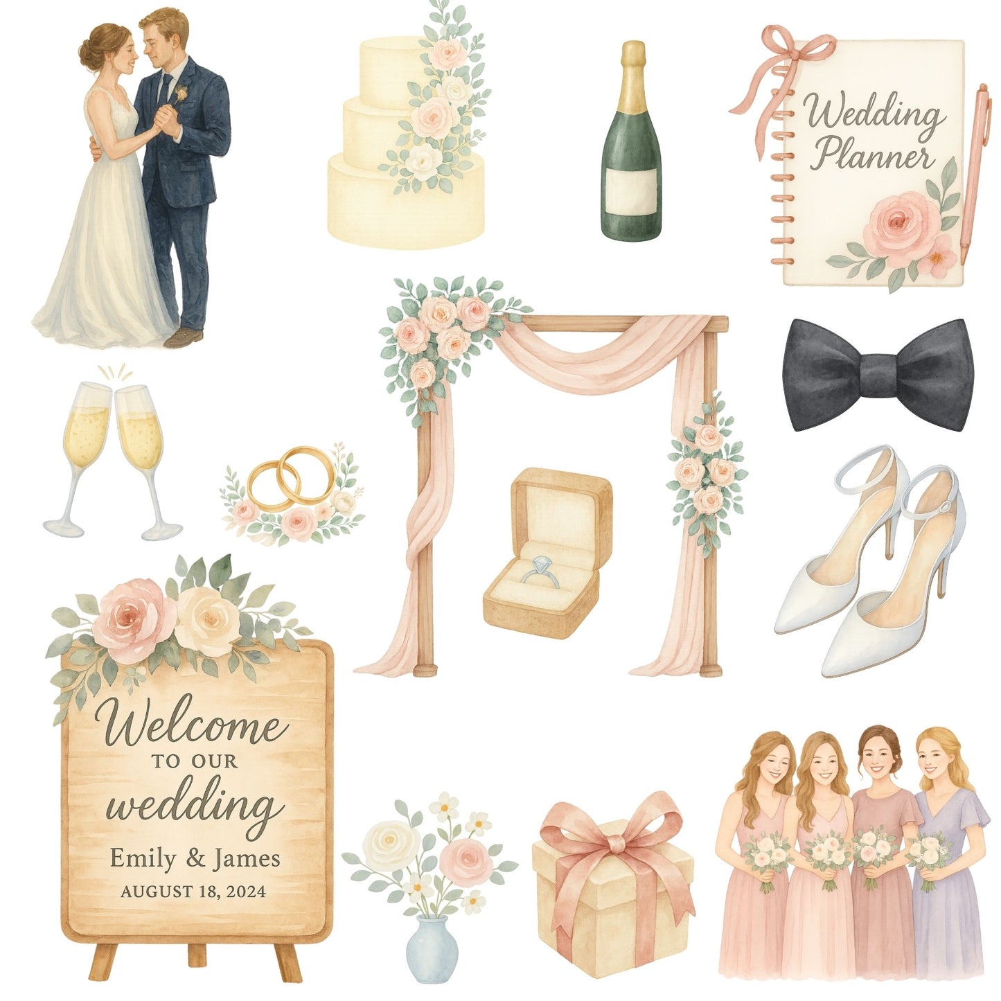 Watercolor Wedding Clipart Bundle, Romantic Bride Groom PNG, Wedding Decor Flowers Rings Cake Arch Set (54 PNG)