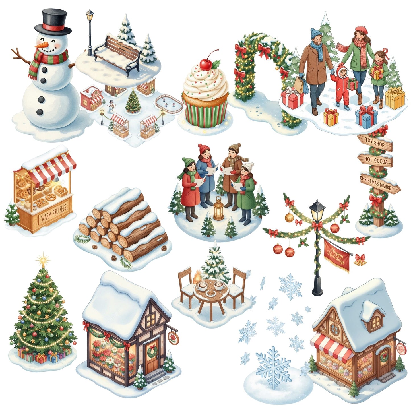 Winter Village Watercolor Clipart – Christmas Market PNG Set, Holiday Town Scene, Snowy Village Illustrations, 62 PNG Files