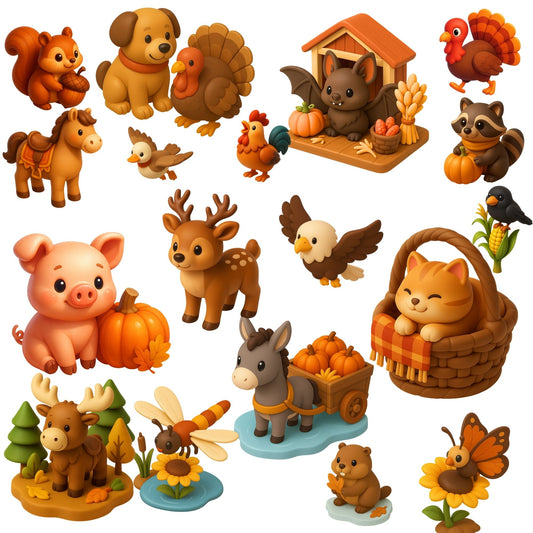 Thanksgiving Animal Clipart, Autumn Harvest PNG Bundle, Cute Fall Animals Pumpkins Leaves, Cozy 3D Art (56 PNG)